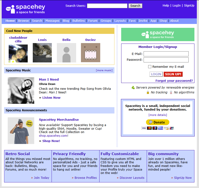 Screenshot of SpaceHey website